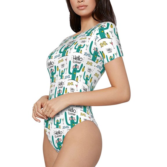 Rateoe Hello Summer Printed Women Rash Guard Short Sleeve,Tummy control Swimsuit Surfing Swimsuit Bathing Suit Short-sleeved Onesie UPF 50+