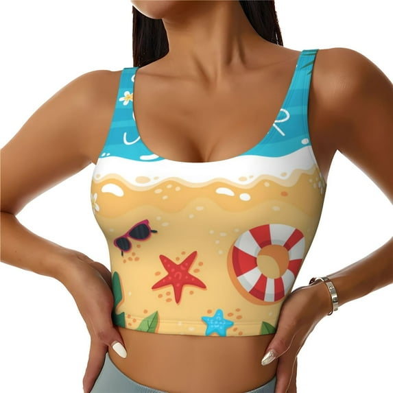 Rateoe Hello Summer1 Print Womens' Sports Bras Scoop Neck Sports Vest- Padded U Back Seamless High Impact Support-Large