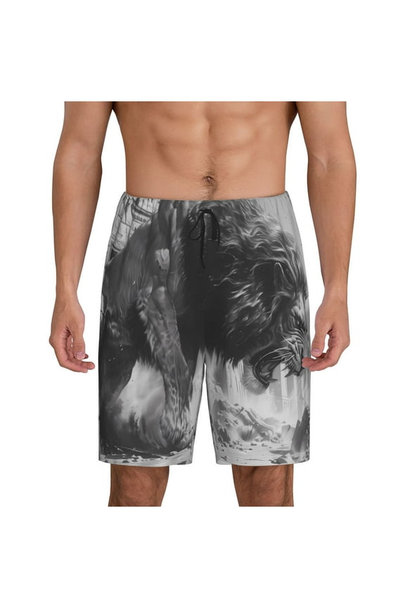 Heroic Lion Encounter Print Men's Lounge Shorts – Soft & Breathable Pajama Bottoms with Pockets, Elastic Waistband, Lightweight Sleepwear for Nightwear & Loungewear-X-Large