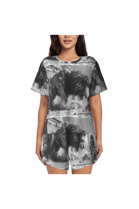 Heroic Lion Encounter for 2 Piece Short Sleeves Pajama Sets Casual Lounge Sleepwear Ladies Pjs Sets with Pocket-Medium