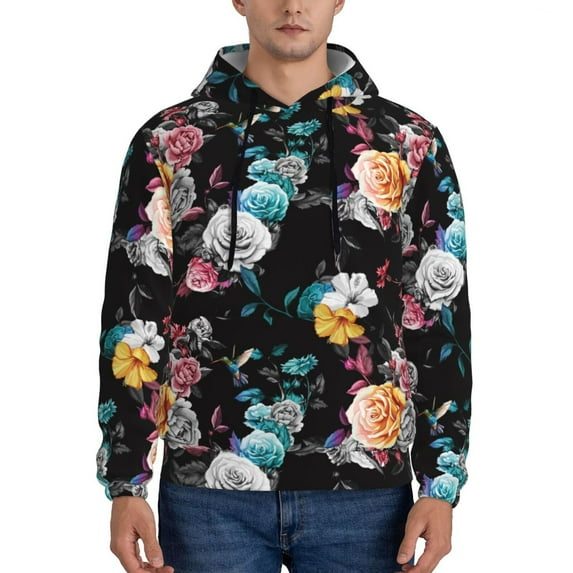 Rateoe Hibiscus Rose Pattern Mens Hoodie, Pullover Hooded Sweatshirt, Kangaroo Pocket Hoodie Ideal for Daily Wear, Travel and Home-Medium