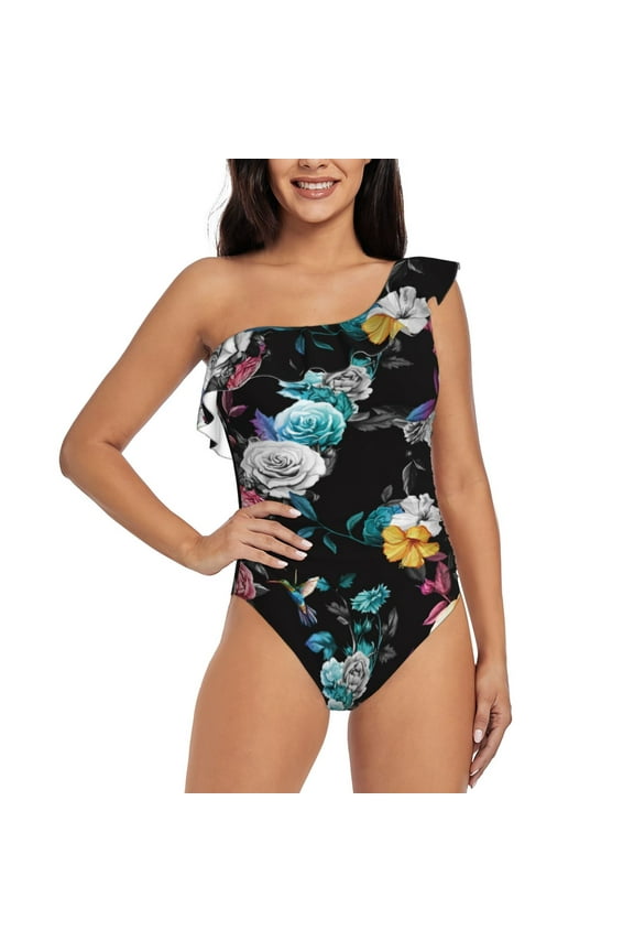 Hibiscus Rose Pattern Women One Piece Swimsuits Tummy Control One Shoulder Bathing Suits Ruffle Swimwear-Small
