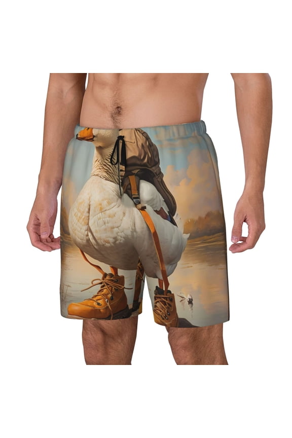 Hiking Duck Pattern Men’s Swim Shorts with Compression Liner – Double-Layered Quick-Dry Swimwear, Comfortable & Stretchy Beach Shorts-Medium