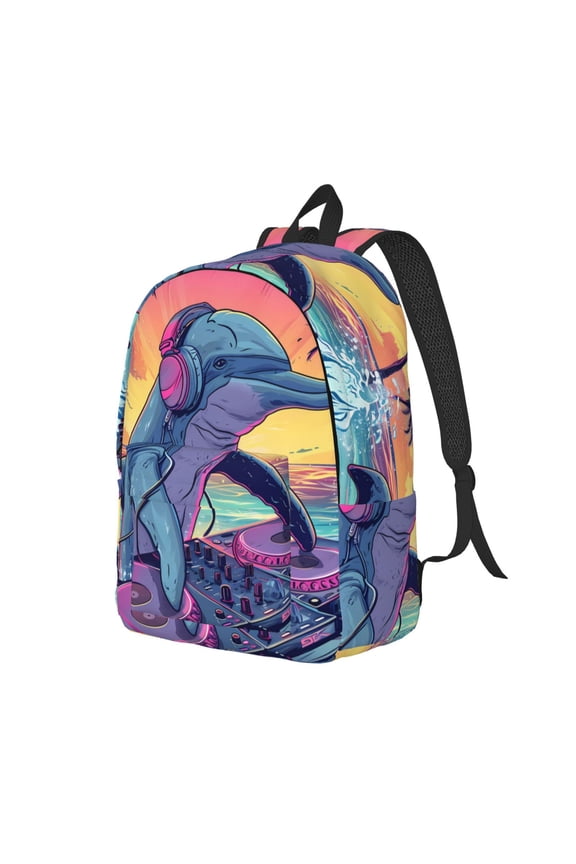 Hip-Hop DJ Dolphin Pattern Durable Canvas Backpack for Men & Women – Stylish & Lightweight – Adjustable Straps, Multiple Pockets – Fits 15-17 Inch LaptopsSmall