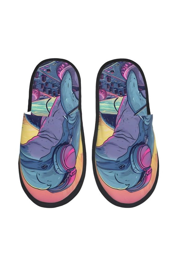 Hip-Hop DJ Dolphin Pattern Fuzzy Slippers Fuzzy Soft House Slippers Plush Furry Warm Cozy Open Toe Fluffy Home Shoes-Large