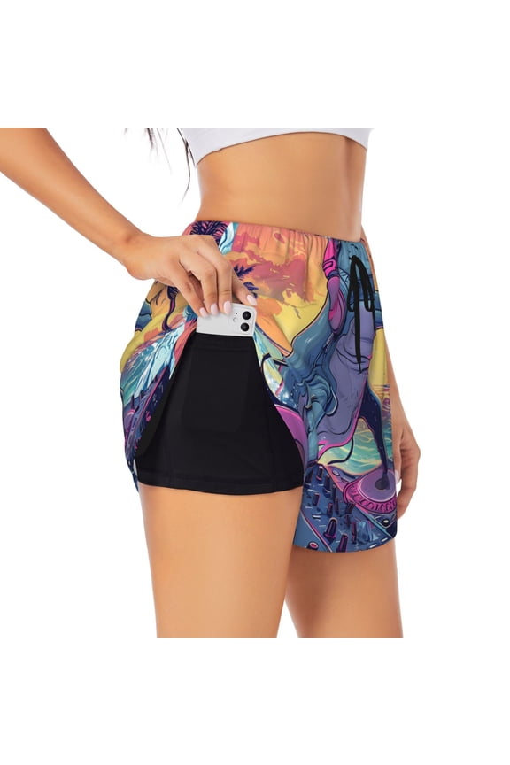 Hip-Hop DJ Dolphin Printed 2 in 1 Women's Workout Shorts for Athletic Gym Running Shorts with Phone Pockets-XX-Large