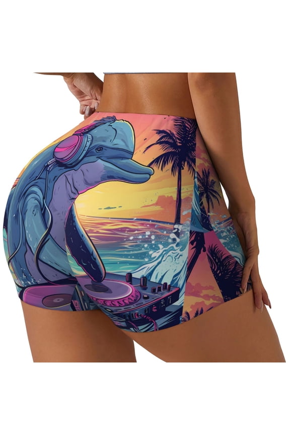 Hip-Hop DJ Dolphin Printed Power Workout Shorts for Women Tummy Control Squat Proof Ribbed Thick Seamless Scrunch Active Short-Large
