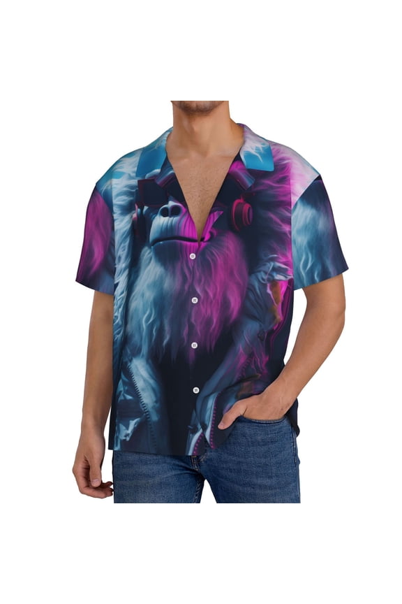 Hip-Hop Glasses Gorilla Pattern Men's Short Sleeve Classic Shirt, Casual Short-Sleeved Shirt, Lightweight Summer Shirt, Cuban Collar Shirt,Button-Front Shirt-X-Large