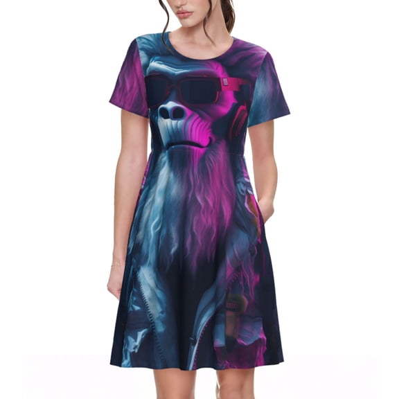Rateoe Hip-Hop Glasses Gorilla Pattern Women’s Short Sleeve Dress – Casual Elegant Summer A-Line Dress for Everyday Wear