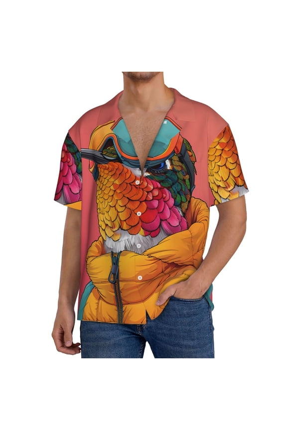 Hip Hummingbird In Jacket Pattern Men's Short Sleeve Classic Shirt, Casual Short-Sleeved Shirt, Lightweight Summer Shirt, Cuban Collar Shirt,Button-Front Shirt-