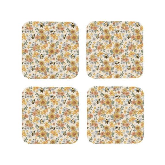 Rateoe Hippie Bee Honeycomb Drawing Drink Coasters Set of 4 Leather Coasters Spill Protection for Table Desk,Durable and Non Slip Leather Coaster ,4 Inches Drink Mats-Square