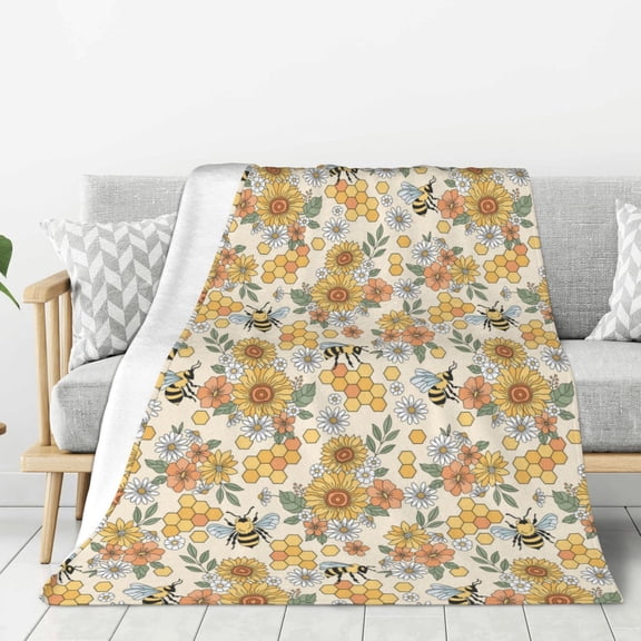 Rateoe Hippie Bee Honeycomb Pattern Flannel Throw Blanket, Ultra-soft Blanket for Bed, Couch, Car, Hypoallergenic Anti-pilling blanket-60"x50"(Vertical)