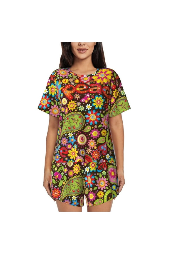 Hippie Peace Love for 2 Piece Short Sleeves Pajama Sets Casual Lounge Sleepwear Ladies Pjs Sets with Pocket-Medium