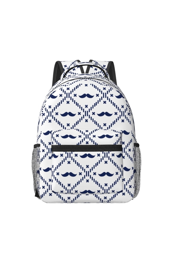 Hipster Mustache Pattern Durable Student Backpack Laptop Bag- Ergonomic Design, Waterproof Twill Fabric - Ideal for School, Travel, and Outdoor Activities