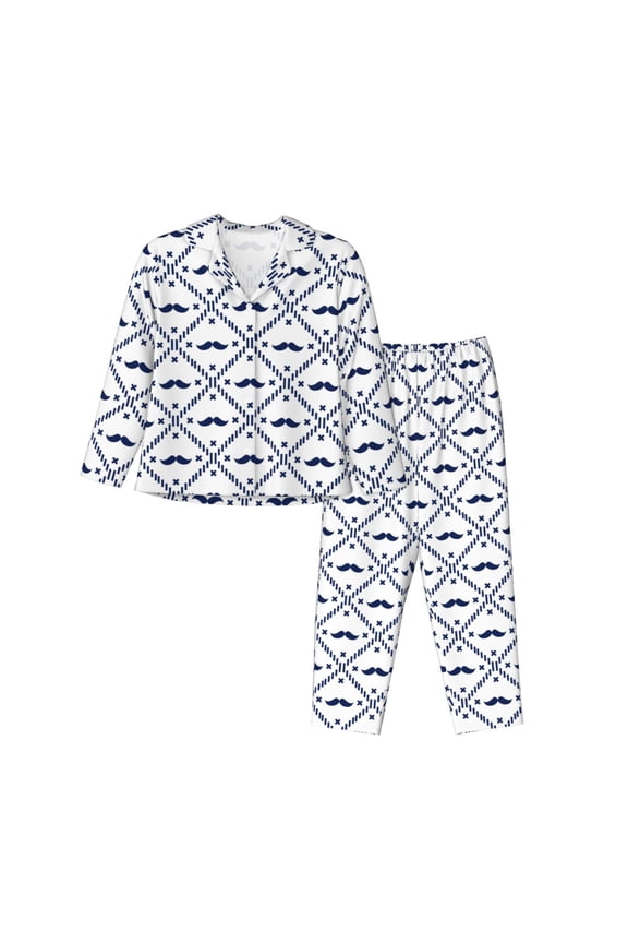 Hipster Mustache Pattern Womens Pajamas Set Long Sleeve Sleepwear Button Down Nightwear Soft Cotton Pj Lounge Sets