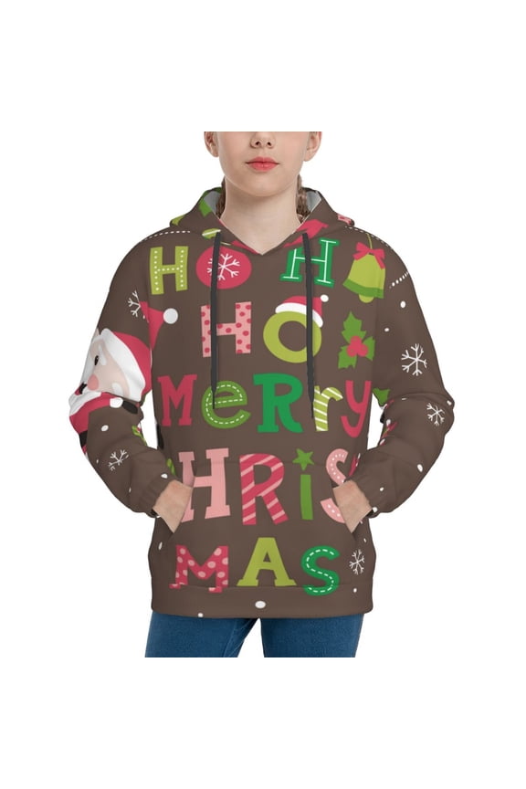 Ho Ho Ho Merry Christmas Pattern Boys Hoodie, Youth Pullover Hooded Sweatshirt, Kangaroo Pocket Hoodie for Kids-X-Large