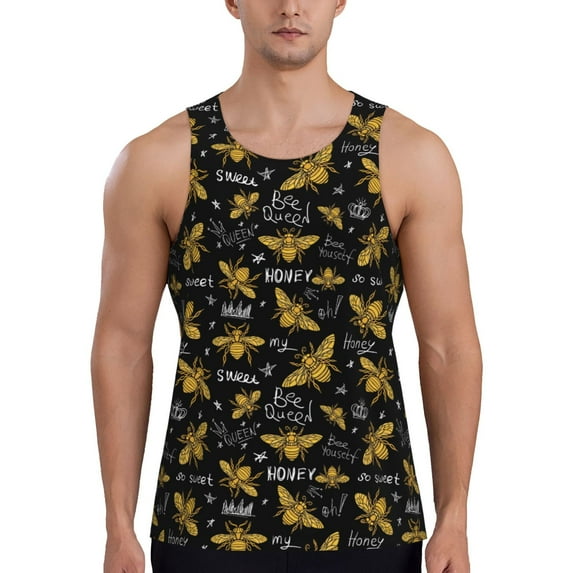 Rateoe Hohey Bee Golden Embroidery Pattern Sleeveless Gym Shirt Muscle Tee Breathable Workout Shirt Slim-Fit Tank Quick Dry Fit Muscle Tank Top Bodybuilding Sleeveless T Shirt-Large
