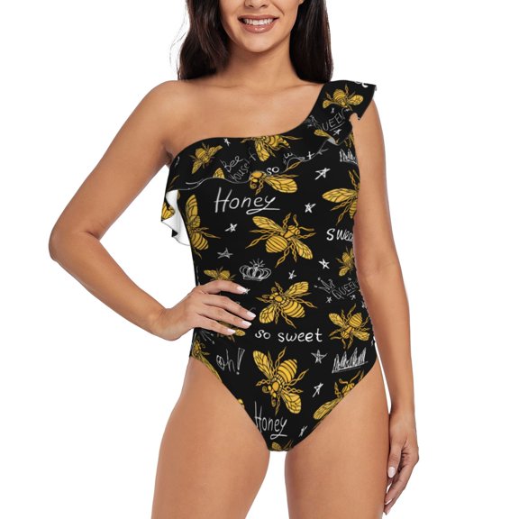 Rateoe Hohey Bee Golden Embroidery Pattern Women One Piece Swimsuits Tummy Control One Shoulder Bathing Suits Ruffle Swimwear-Small