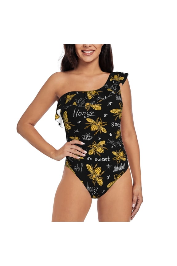 Hohey Bee Golden Embroidery Pattern Women One Piece Swimsuits Tummy Control One Shoulder Bathing Suits Ruffle Swimwear-Small