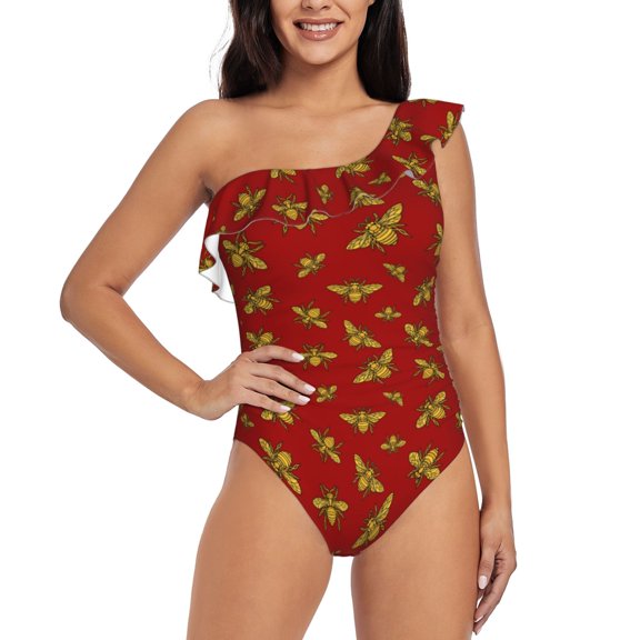 Rateoe Hohey Bee Golden Pattern Women One Piece Swimsuits Tummy Control One Shoulder Bathing Suits Ruffle Swimwear-