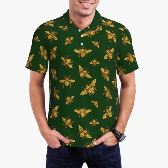 Rateoe Hohey Bee Pattern Men's Short Sleeve Polo Shirts, Golf Polo Shirts Short Sleeve Performance Moisture Wicking Dry-Medium