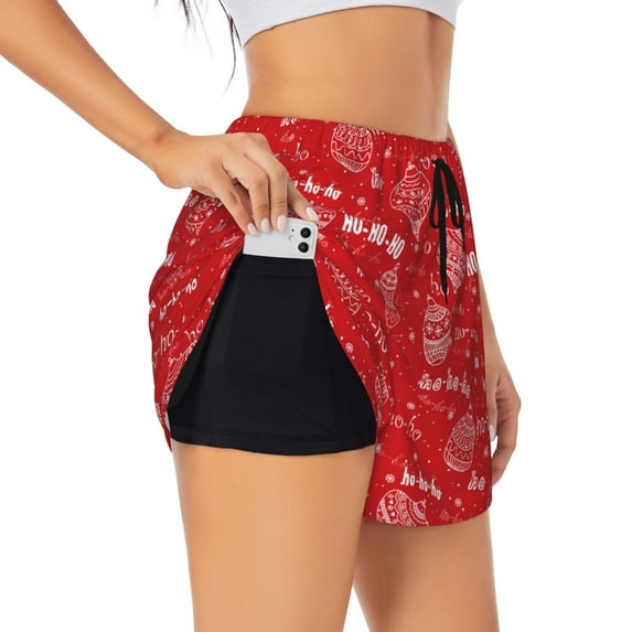 Rateoe Hohoho1 Printed 2 in 1 Women's Workout Shorts for Athletic Gym Running Shorts with Phone Pockets-Large
