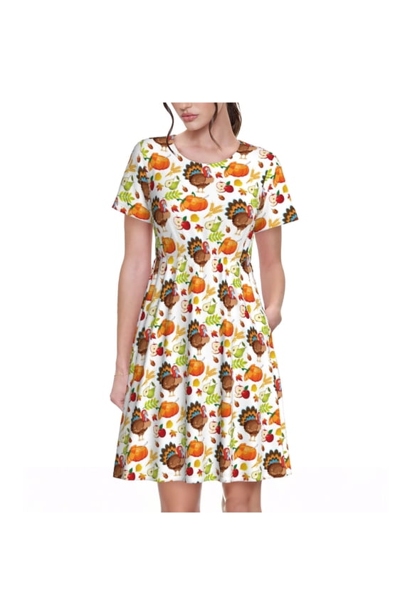 Holiday Thanksgiving Turkey Pattern Women’s Short Sleeve Dress – Casual Elegant Summer A-Line Dress for Everyday Wear