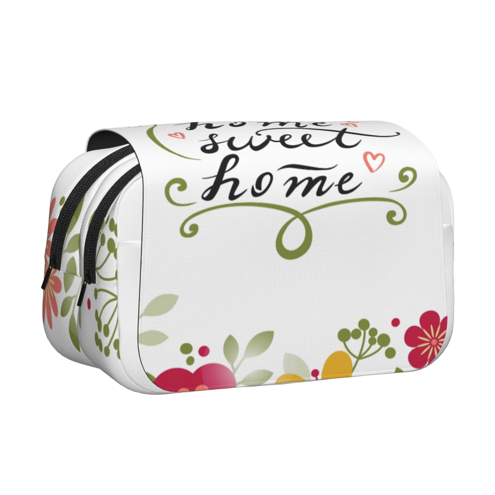 Rateoe Home Sweet Home Floral Pattern Double Clamshell Pen Case, Storage Organizer with Two Zipper Compartments– Holds Up to 50 Pencils & Pens