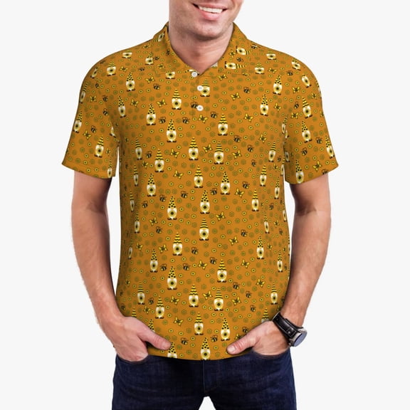 Rateoe Honey Bee Gnomes Pattern Men's Short Sleeve Polo Shirts, Golf Polo Shirts Short Sleeve Performance Moisture Wicking Dry-Medium