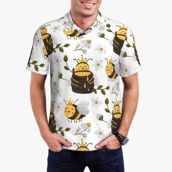 Rateoe Honey Bee Insect Pattern Men's Short Sleeve Polo Shirts, Golf Polo Shirts Short Sleeve Performance Moisture Wicking Dry-Large