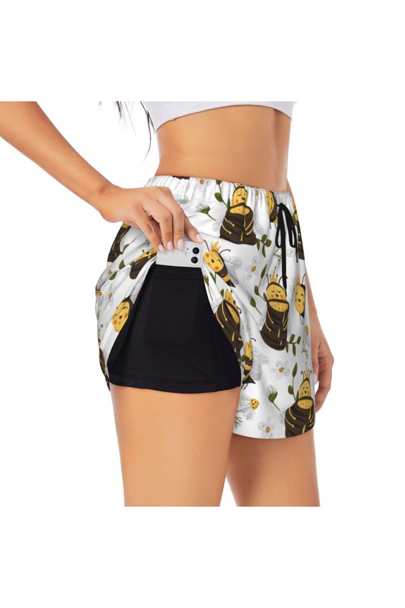 Honey Bee Insect Printed 2 in 1 Women's Workout Shorts for Athletic Gym Running Shorts with Phone Pockets-Large