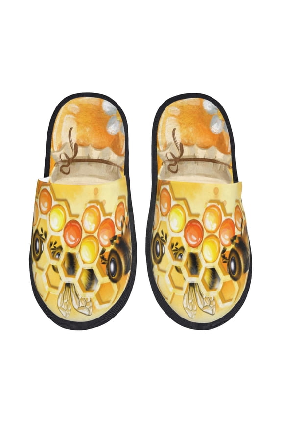 Honey Bee Pattern Fuzzy Slippers Fuzzy Soft House Slippers Plush Furry Warm Cozy Open Toe Fluffy Home Shoes-Large