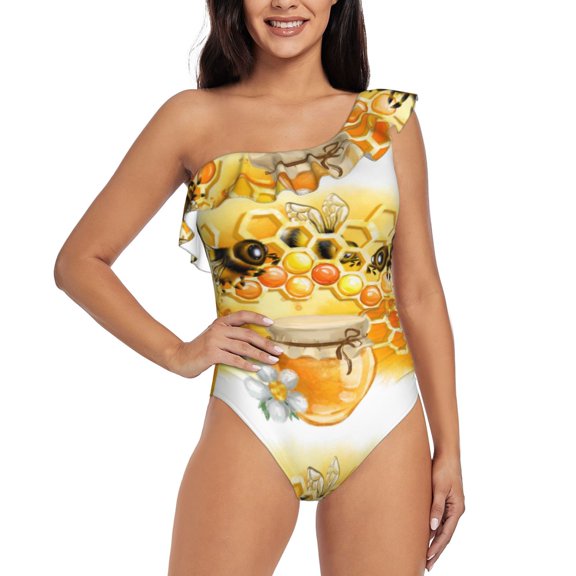 Rateoe Honey Bee Pattern Women One Piece Swimsuits Tummy Control One Shoulder Bathing Suits Ruffle Swimwear-XX-Large