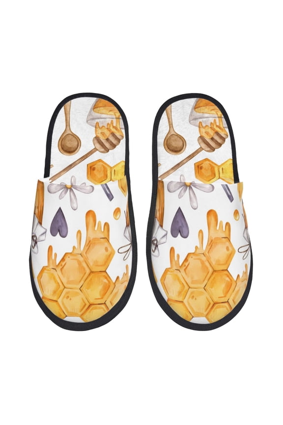 Honey Bee Set Pattern Fuzzy Slippers Fuzzy Soft House Slippers Plush Furry Warm Cozy Open Toe Fluffy Home Shoes-Medium