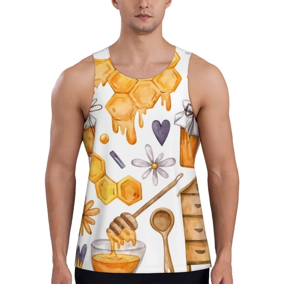Rateoe Honey Bee Set Pattern Sleeveless Gym Shirt Muscle Tee Breathable Workout Shirt Slim-Fit Tank Quick Dry Fit Muscle Tank Top Bodybuilding Sleeveless T Shirt-X-Large