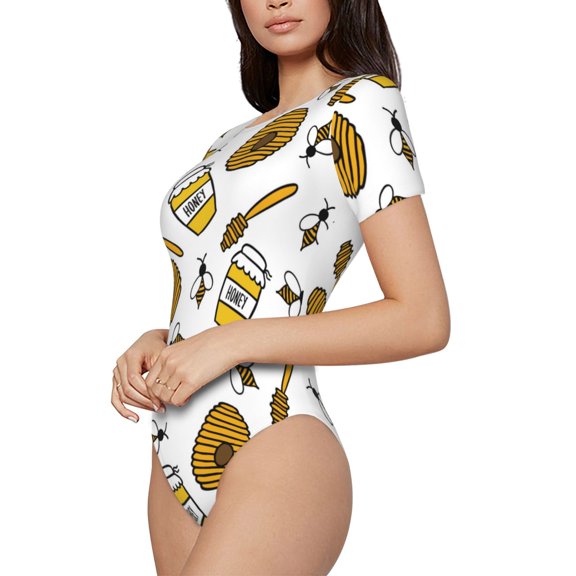 Rateoe Honey Printed Women Rash Guard Short Sleeve,Tummy control Swimsuit Surfing Swimsuit Bathing Suit Short-sleeved Onesie UPF 50+