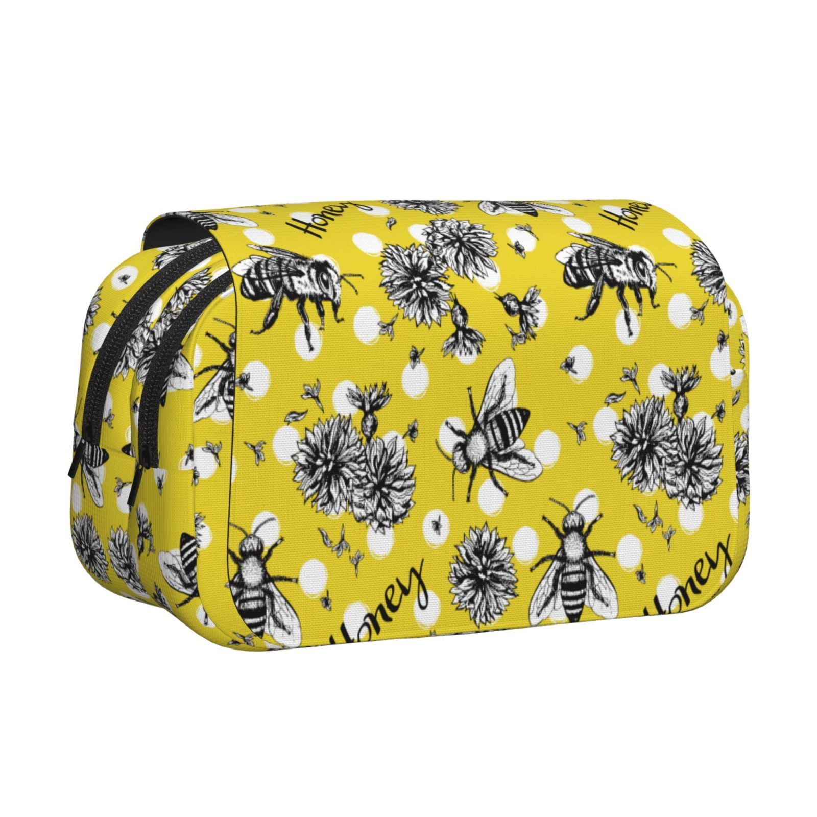 Rateoe Honeybee Pattern Double Clamshell Pen Case, Storage Organizer with Two Zipper Compartments– Holds Up to 50 Pencils & Pens