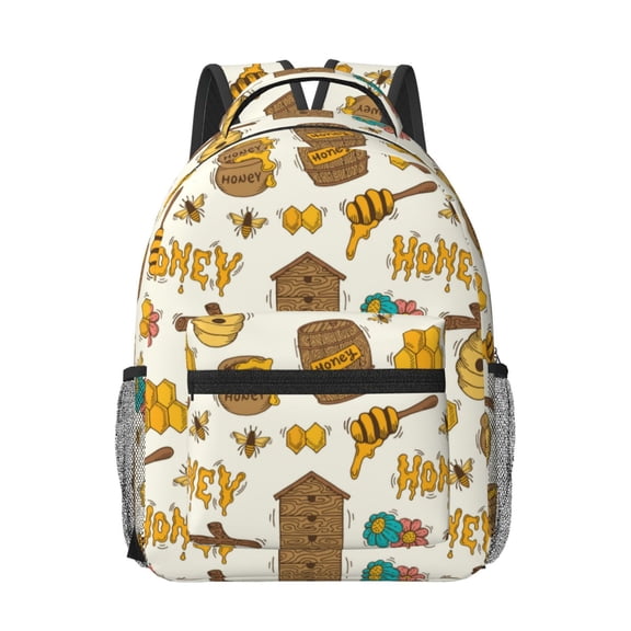 Rateoe Honeycomb And Honey Pattern Durable Student Backpack Laptop Bag- Ergonomic Design, Waterproof Twill Fabric - Ideal for School, Travel, and Outdoor Activities