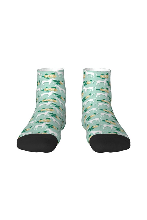 Horse And Flower Pattern Quarter Crew Socks,Toe Seamed Ankle Socks,Cotton Cushioned Breathable Athletic Crew Sports Socks