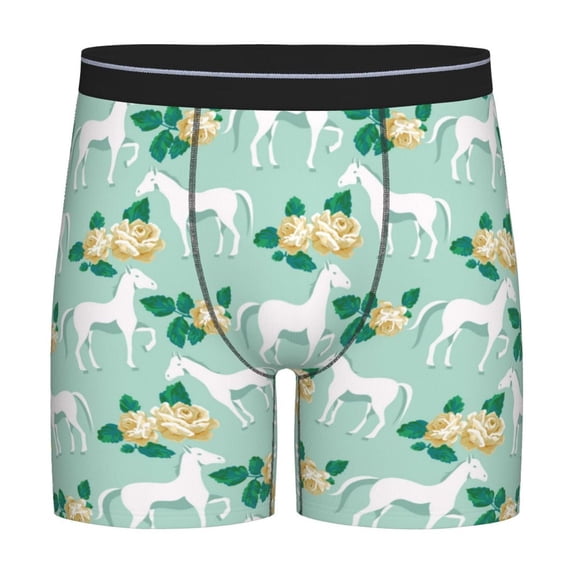 Rateoe Horse And Flower Print Men’s Underwear Boxer Briefs Soft Comfortable Underwear Boxer Briefs, Long Leg Briefs,Anti-chafing Boxer Briefs