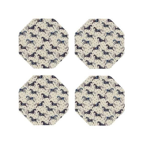 Rateoe Horse Drawing Drink Coasters Set of 4 Leather Coasters Spill Protection for Table Desk,Durable and Non Slip Leather Coaster ,4 Inches Drink Mats-Octagon