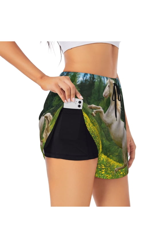 Horse Rearing Up In The Field Printed 2 in 1 Women's Workout Shorts for Athletic Gym Running Shorts with Phone Pockets-