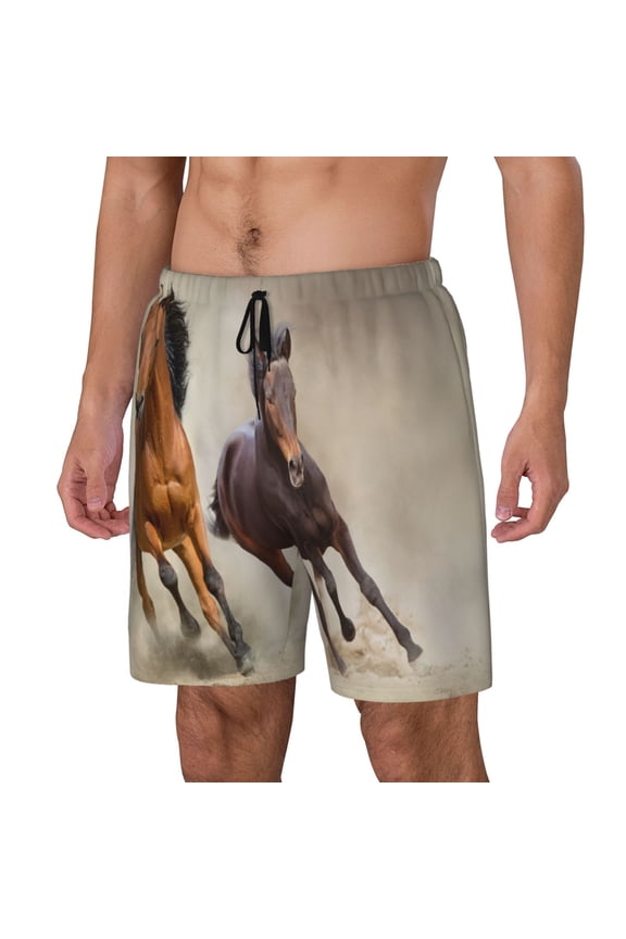 Horses free run on desert Pattern Men’s Swim Shorts with Compression Liner – Double-Layered Quick-Dry Swimwear, Comfortable & Stretchy Beach Shorts-3X-Large