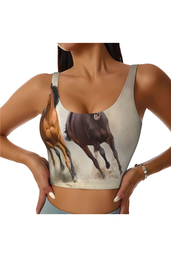 Horses free run on desert Print Womens' Sports Bras Scoop Neck Sports Vest- Padded U Back Seamless High Impact Support-X-Large