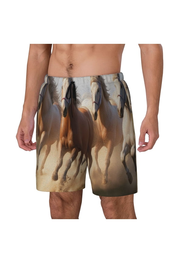 Horses running Pattern Men’s Swim Shorts with Compression Liner – Double-Layered Quick-Dry Swimwear, Comfortable & Stretchy Beach Shorts-Small