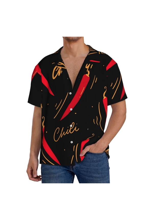 Hot Chili Pattern Men's Short Sleeve Classic Shirt, Casual Short-Sleeved Shirt, Lightweight Summer Shirt, Cuban Collar Shirt,Button-Front Shirt-Small