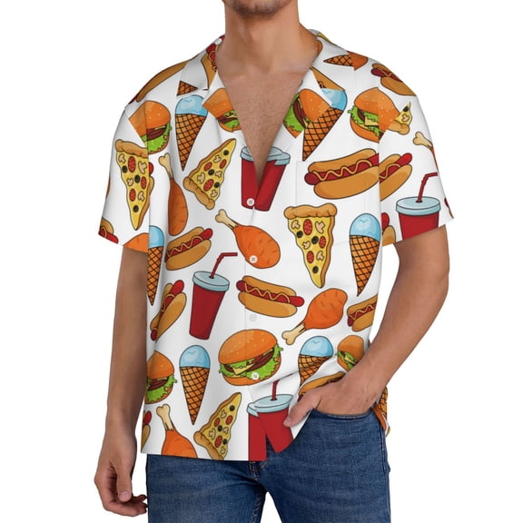 Rateoe Hot Dog Burger Print Mens Front Pocket Hawaiian Shirts Casual Shirts Short Sleeve Button Down Beach Tropical Shirts-4X-Large