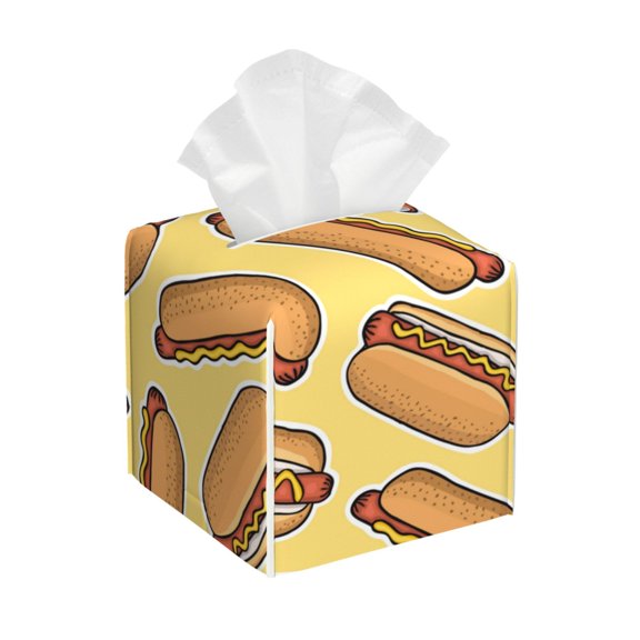 Rateoe Hot Dogs Pattern Tissue Box Cover, Modern Square Decorative Leather Facial Paper Case Organizer Holder Dispenser 5X5X5''