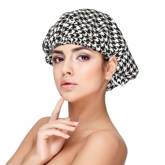 Rateoe Houndstooth Black And White Pattern Silk Satin Hair Bonnet for Sleeping, Adjustable Sleep Cap Turban for Women , Curly Straight Hair Long Large Braid