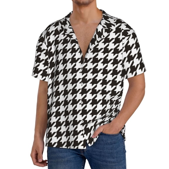 Rateoe Houndstooth Black And White Pattern Men's Short Sleeve Classic Shirt, Casual Short-Sleeved Shirt, Lightweight Summer Shirt, Cuban Collar Shirt,Button-Front Shirt-Small
